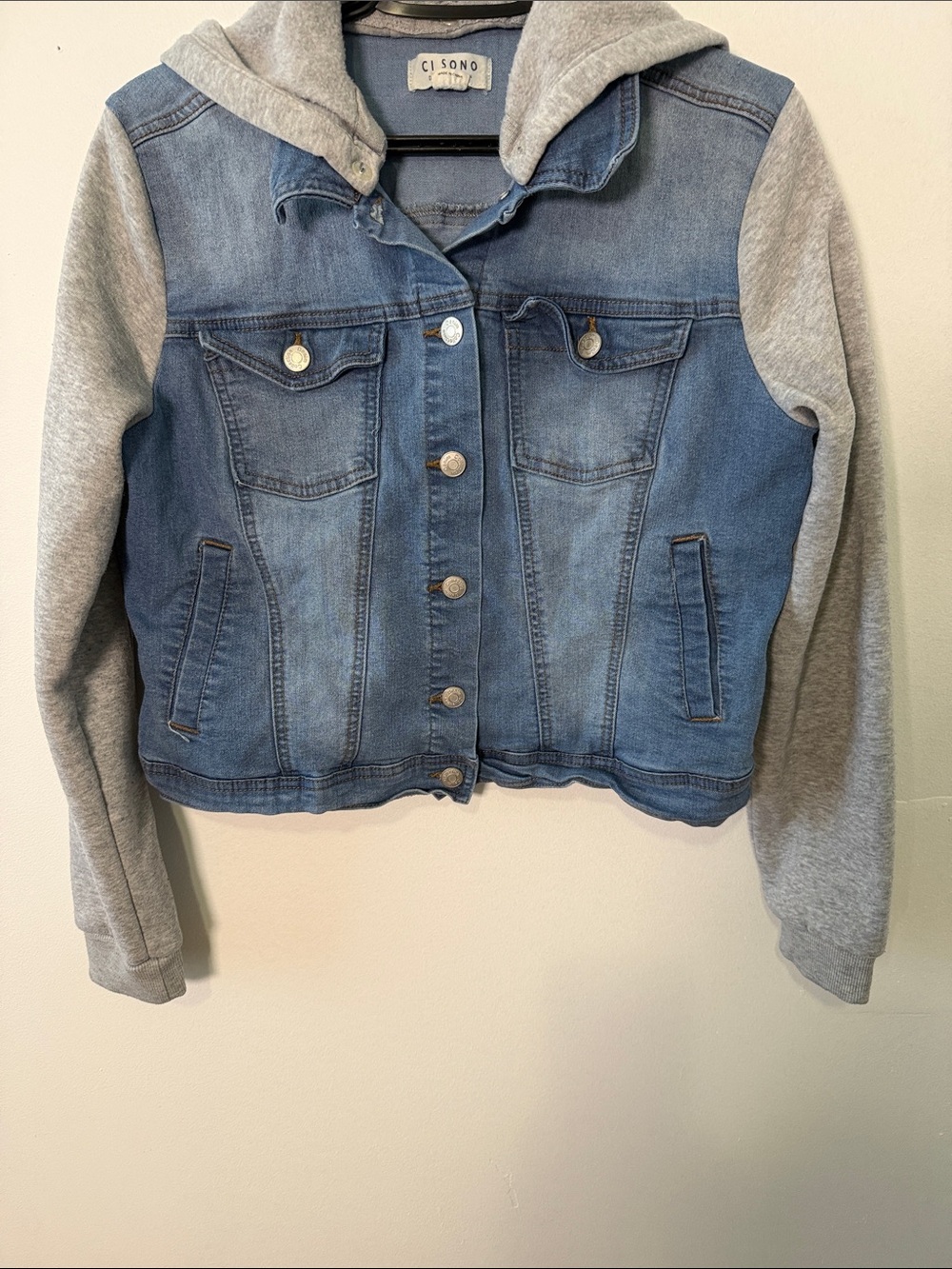 Ci Sono Blue Denim Jacket with Gray Sleeves and Hood. Size L